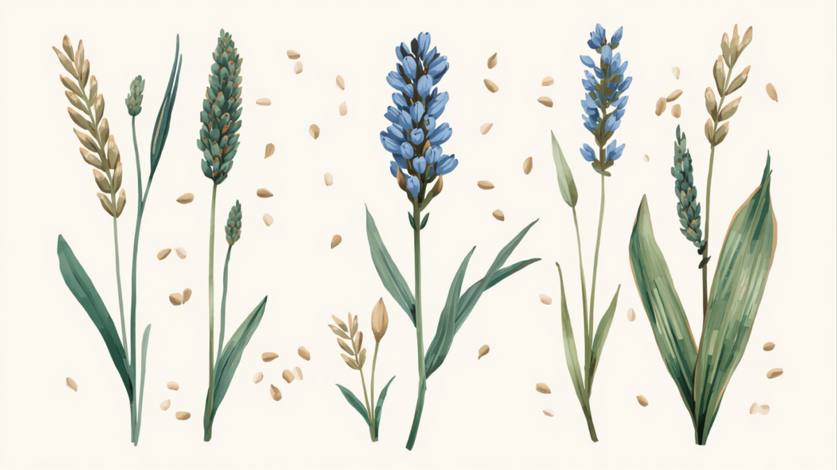 Ilustracion botanica de la planta de linaza con flores y semillas