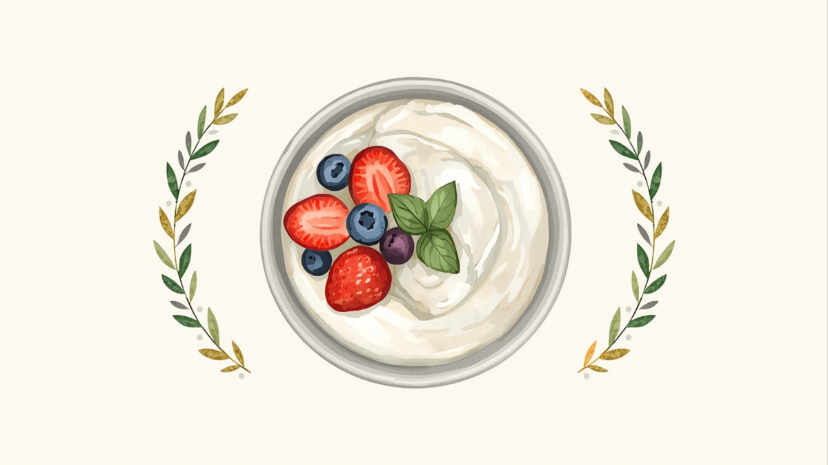 Ilustración de un bowl de yogurt griego con frutos rojos