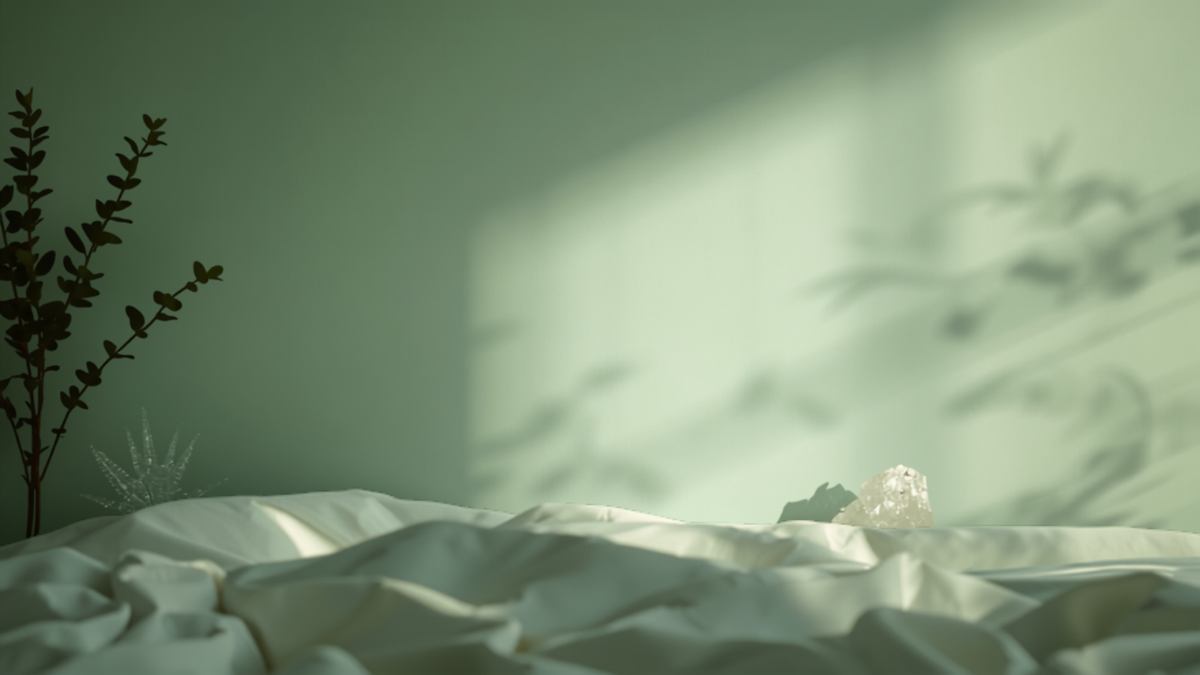 Habitación en penumbra con luz de luna, plantas y un cristal de magnesio, ambiente relajante para dormir