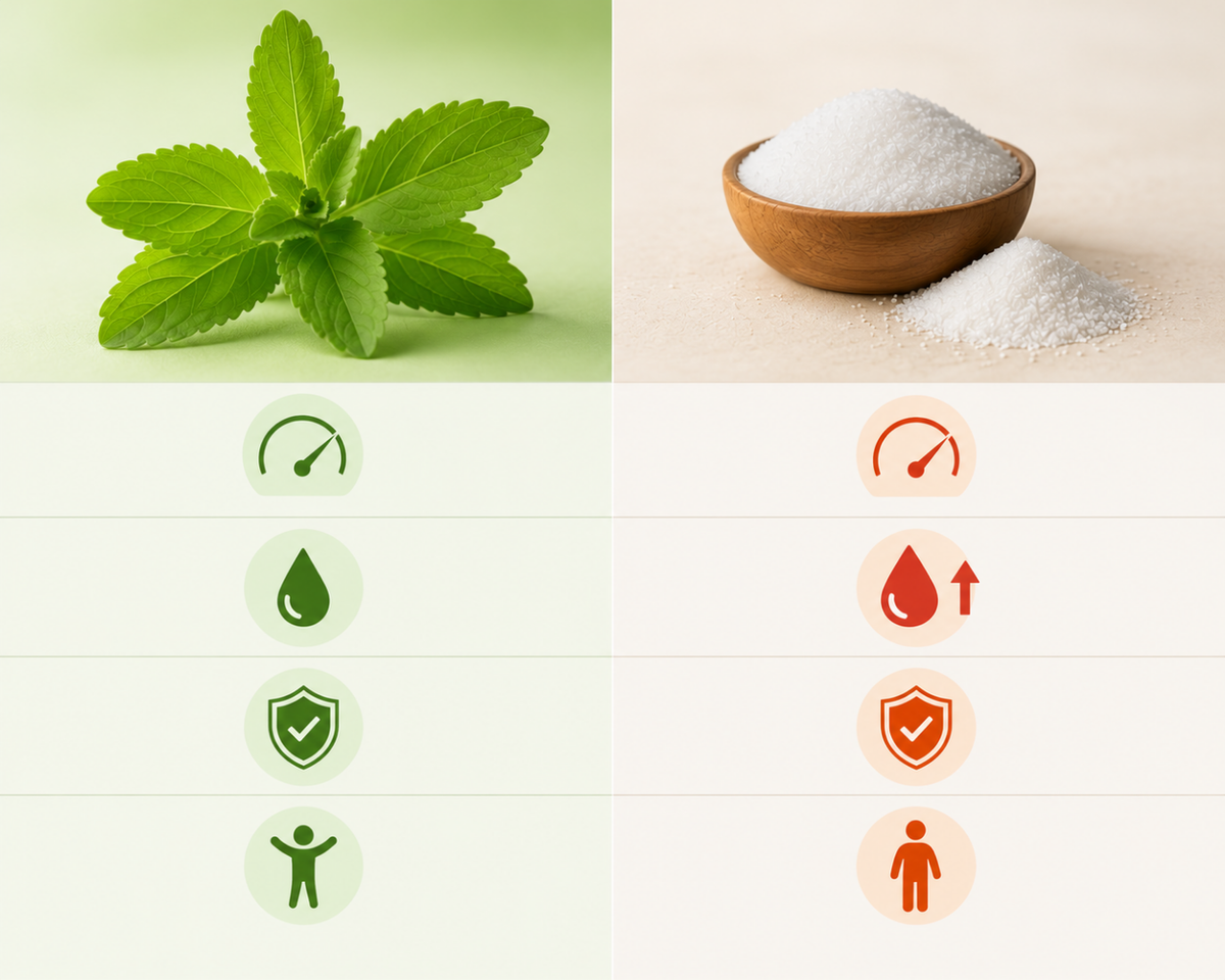 Stevia vs. azúcar vs. otros edulcorantes: tabla comparativa completa