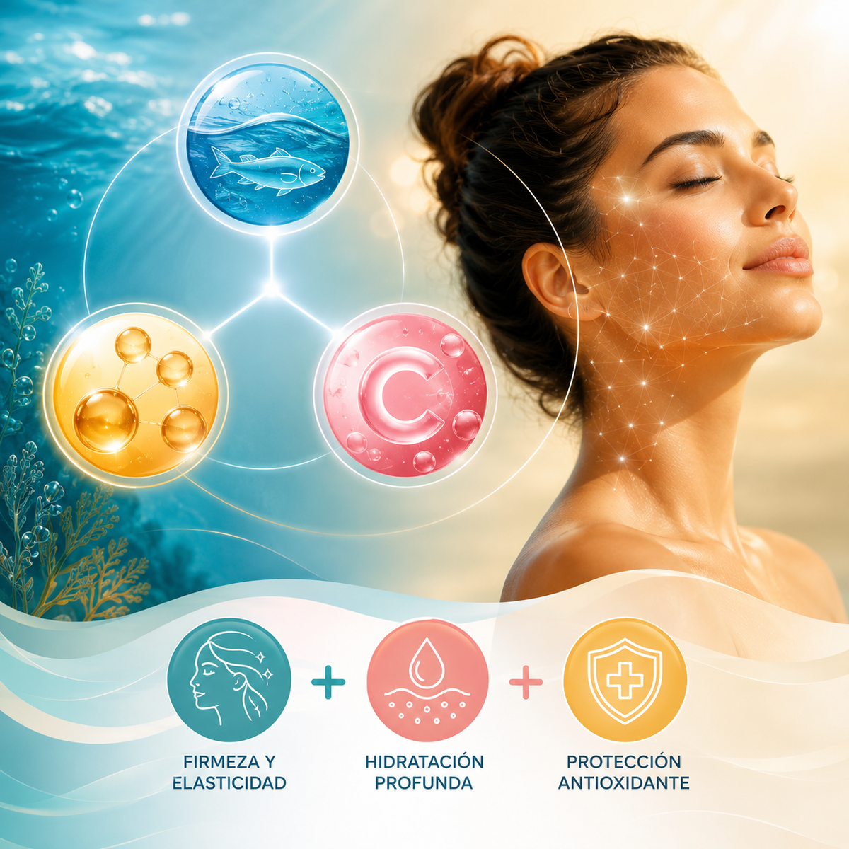 Colágeno marino con ácido hialurónico y vitamina C: la combinación triple