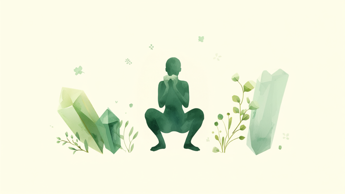 Ilustración watercolor editorial de una silueta femenina genérica en posición de sentadilla, rodeada de formas geométricas verdes que evocan cristales de creatina y elementos botánicos, sobre fondo crema
