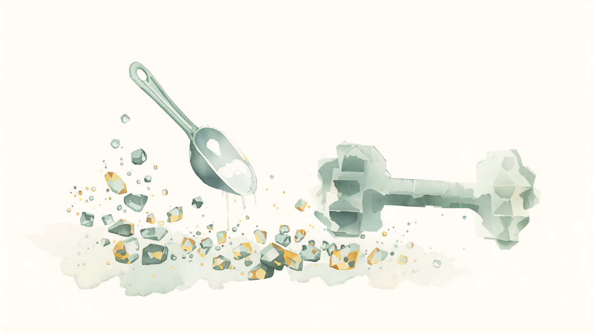 Ilustración editorial de una cuchara dosificadora con creatina en polvo blanco cristalino flotando sobre fondo crema, rodeada de formas geométricas verdes y doradas que sugieren su estructura molecular, junto a una mancuerna estilizada