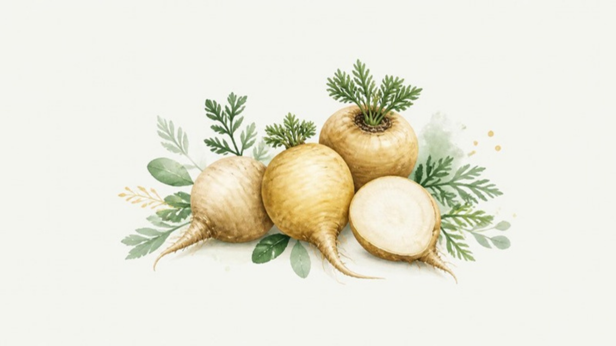 Ilustración watercolor de raíces de maca peruana enteras y cortada por la mitad, con hojas verdes alrededor, imagen de contexto sobre los beneficios de la maca
