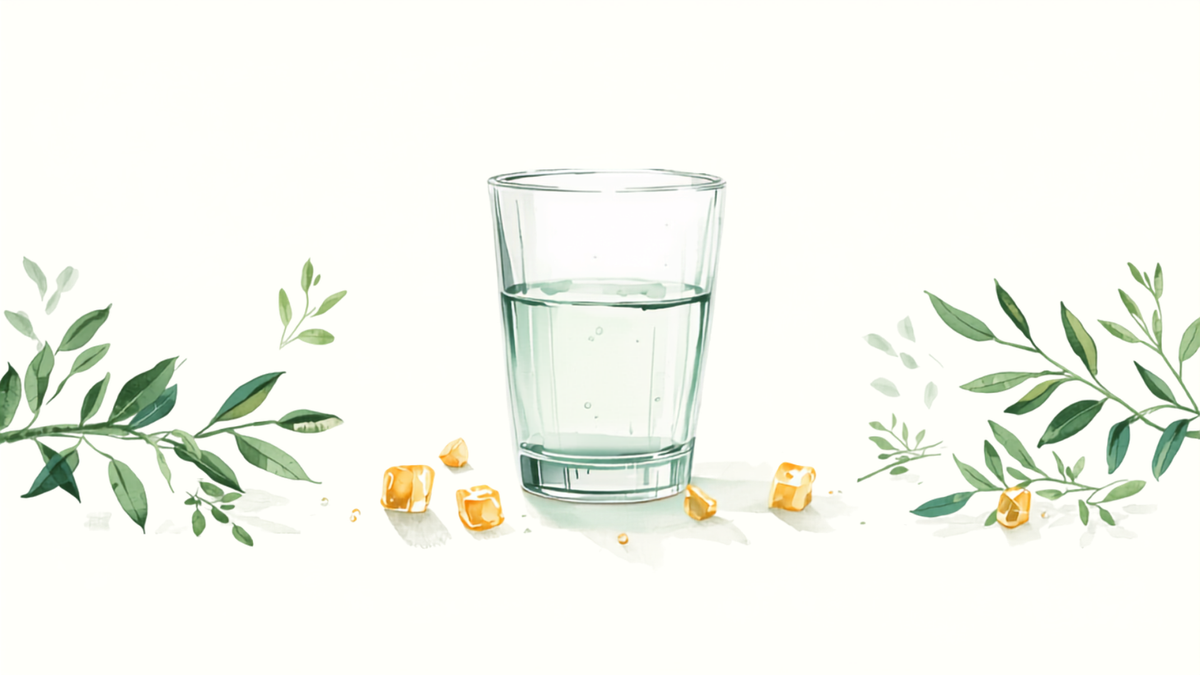Vaso de agua con gotas junto a piezas masticables organicas, imagen de contexto sobre formas de tomar magnesio