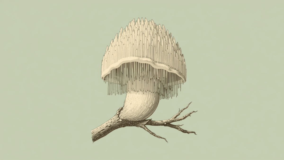 Ilustración botánica del hongo melena de león (Hericium erinaceus) con hojas, estilo Vitaliah