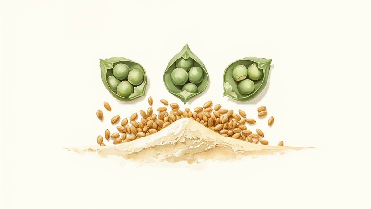 Ilustracion botanica en acuarela de vainas de arveja abiertas y semillas de calabaza y arroz integral sobre un monticulo de polvo vegetal, imagen de contexto sobre los distintos tipos de proteina vegana