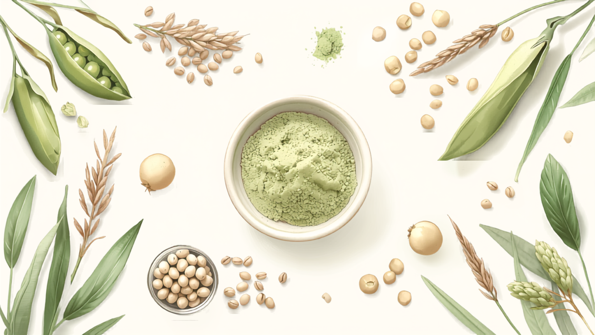 Composición de ilustración botánica con vainas de guisante, granos de arroz integral, semillas de cáñamo y granos de soya alrededor de un cuenco con polvo de proteína vegetal verde claro, imagen de contexto sobre proteína vegana en Colombia