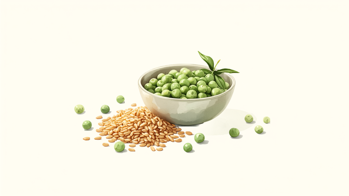Ilustración editorial en acuarela de un cuenco con guisantes verdes y un montón de arroz integral crudo, imagen de contexto sobre la combinación de fuentes de proteína vegana