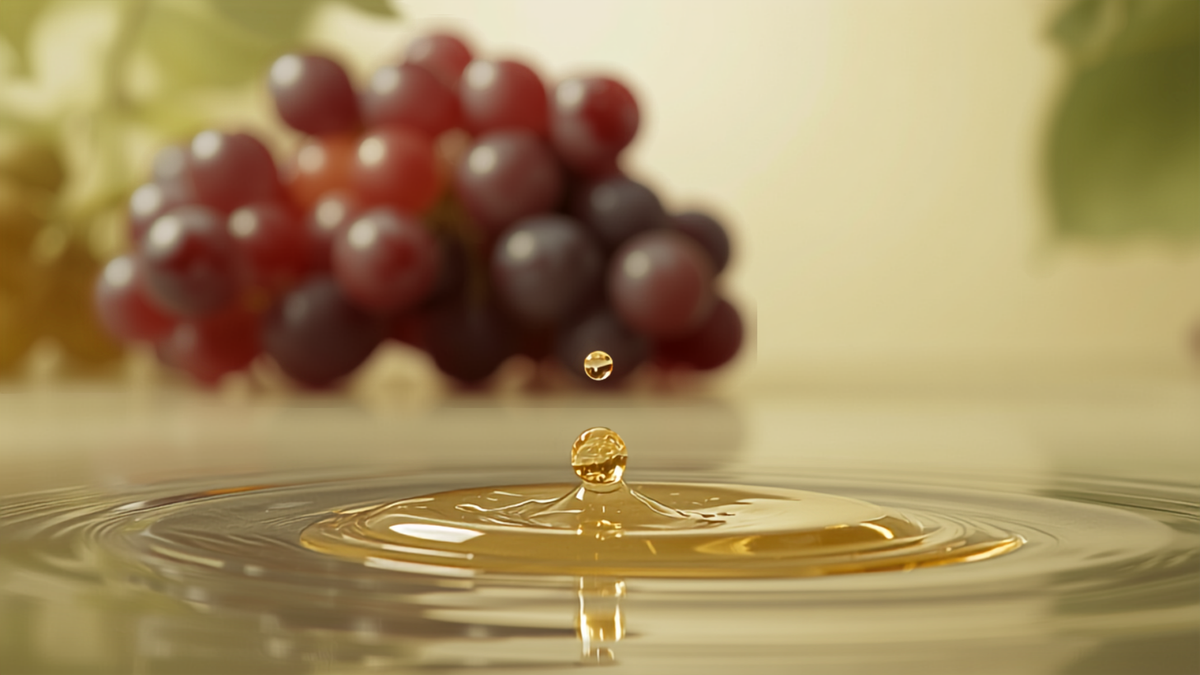 Gota de serum dorado cayendo sobre superficie con uvas rojas desenfocadas al fondo, imagen de contexto sobre resveratrol y antienvejecimiento de la piel