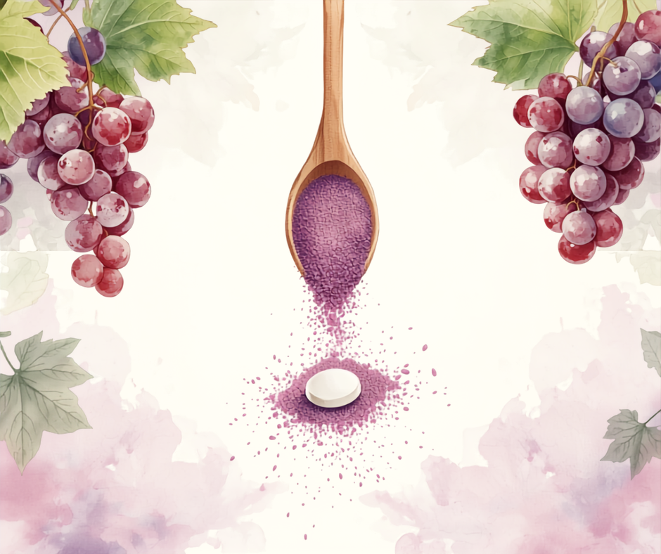 Ilustracion watercolor de una cuchara de madera con polvo morado de resveratrol y una tableta masticable, junto a racimos de uvas rojas y moradas, comparando presentaciones de resveratrol