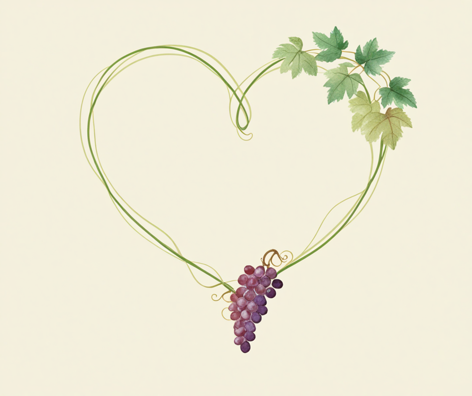 Ilustracion watercolor de un corazon formado por enredaderas de vid con hojas verdes y racimos de uvas rojas y moradas, imagen de contexto sobre resveratrol y salud cardiovascular