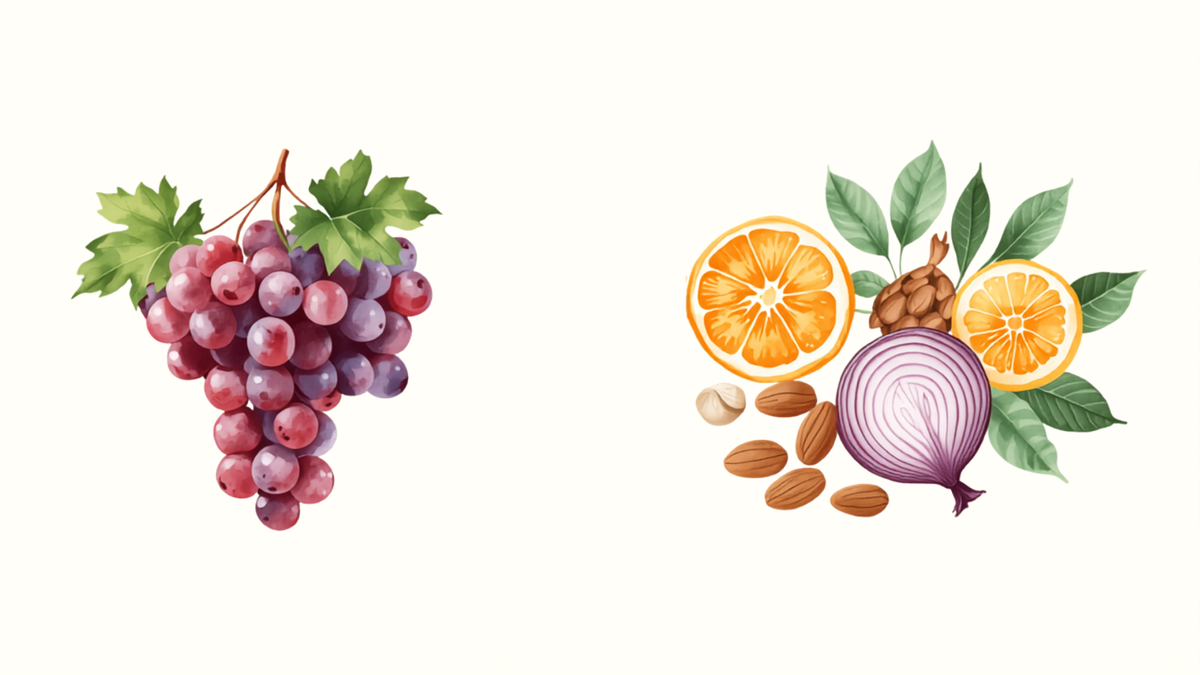 Ilustracion watercolor de una balanza con racimos de uvas rojas de un lado y citricos, almendras y cebolla morada del otro, representando resveratrol frente a otros antioxidantes naturales