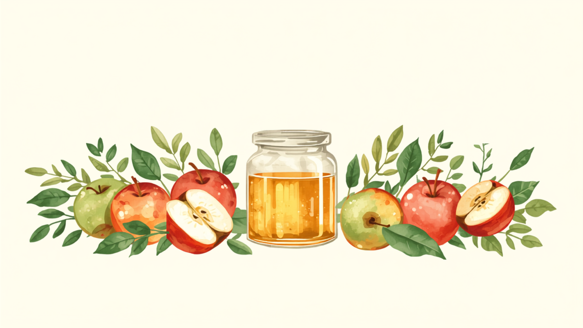Ilustración estilo acuarela de manzanas rojas y verdes junto a un frasco de vidrio con vinagre de manzana dorado, rodeadas de hojas, imagen de contexto sobre los beneficios del vinagre de manzana