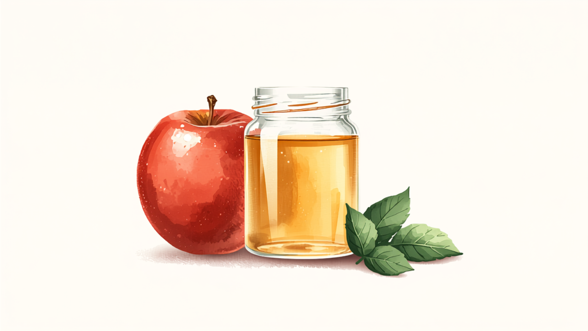 Ilustracion watercolor de una manzana roja entera junto a un frasco de vidrio con liquido ambar y hojas verdes, imagen de contexto sobre vinagre de manzana y digestion