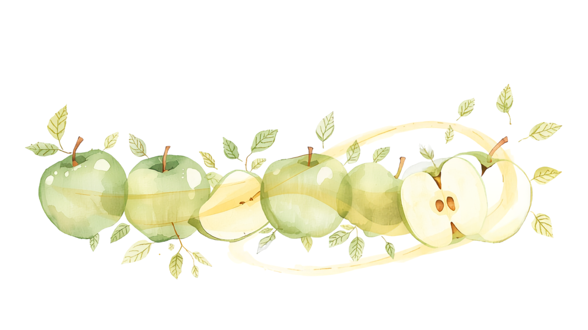 Ilustracion watercolor editorial de manzanas verdes enteras y cortadas con hojas, imagen de contexto sobre vinagre de manzana para adelgazar