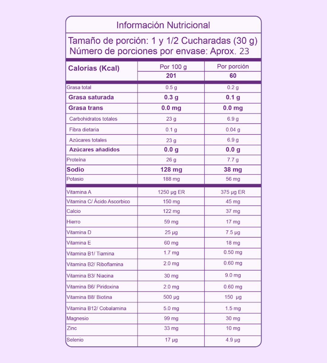 Tabla nutricional Colágeno Hidrolizado sabor a chocolate de Vitaliah, endulzado con Stevia