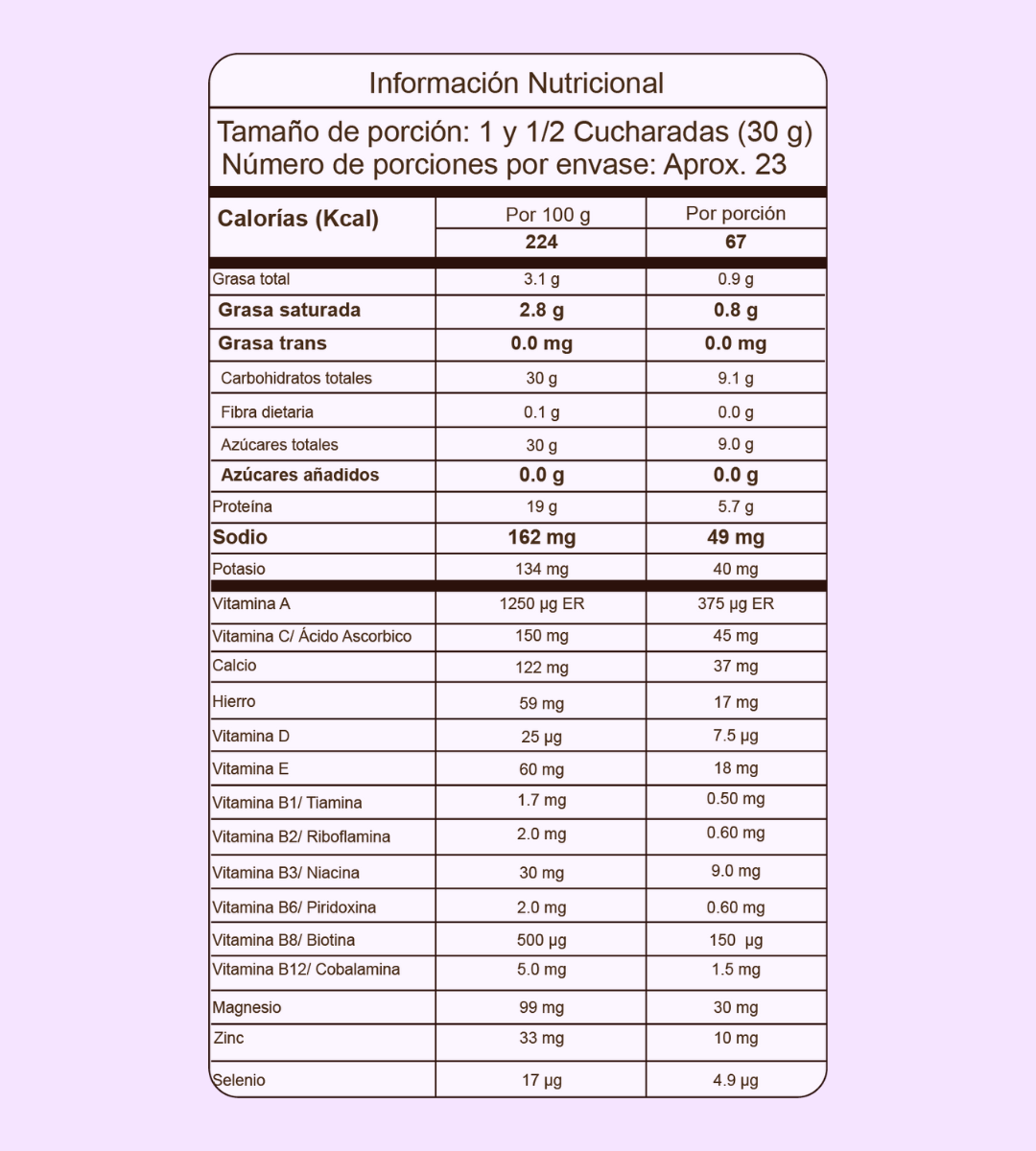 Tabla nutricional Colágeno Hidrolizado sabor a chocolate de Vitaliah, endulzado con Stevia