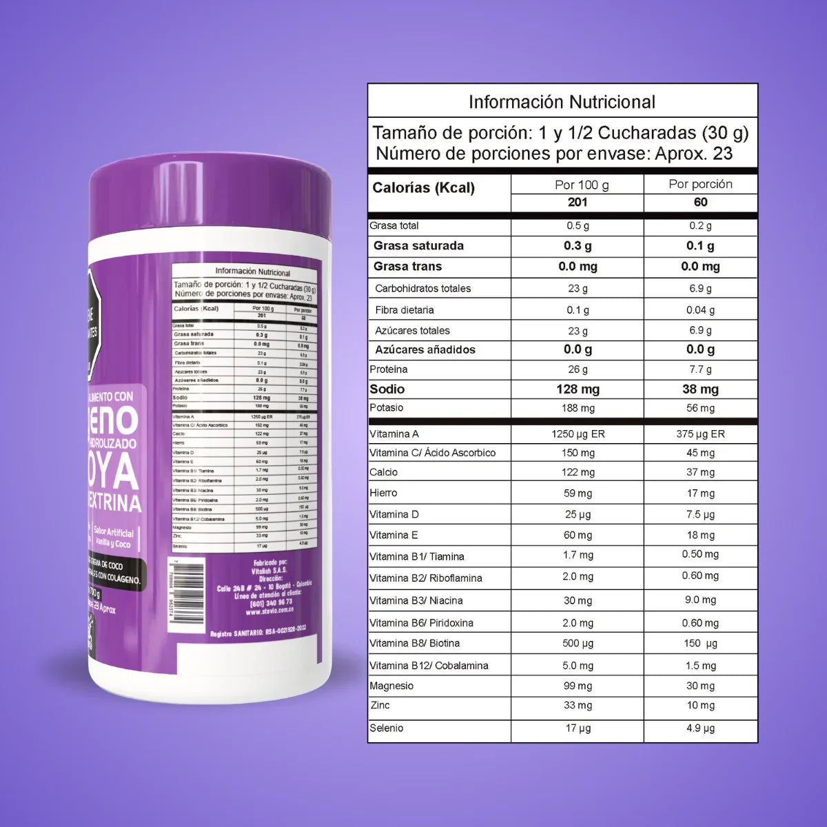 Envase de suplemento con colágeno hidrolizado, soya y dextrina, tabla nutricional detallada, Vitaliah Stevia alimentos saludables.