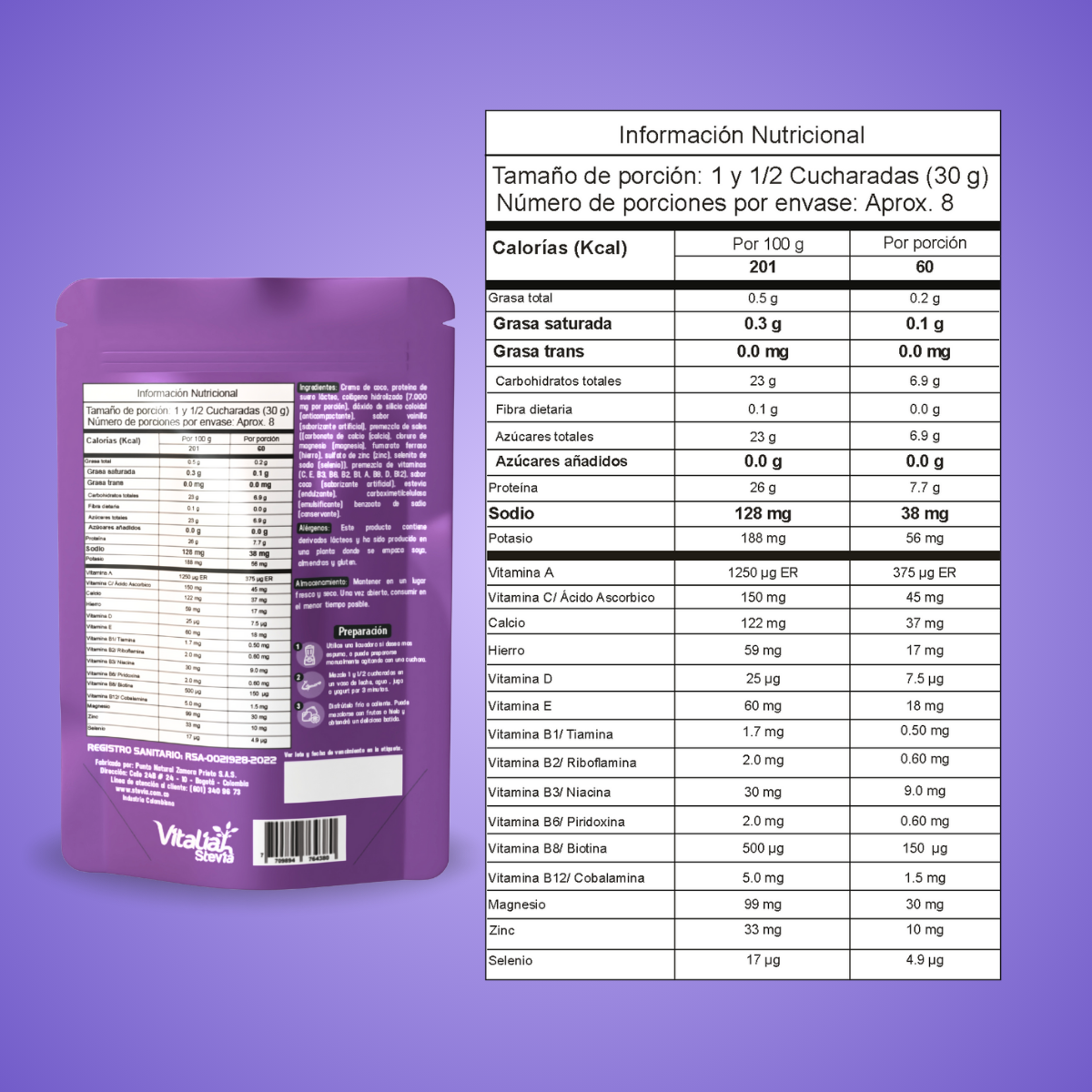 Batido Colágeno Vainilla Doypack 250 g - Vitaliah Stevia -Alimentos saludables