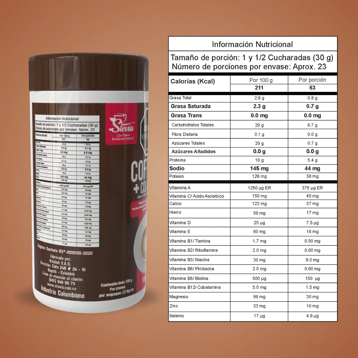 Batido Colágeno Hidrolizado con Café | Coffee+ - 700 g - Vitaliah Stevia -Alimentos saludables