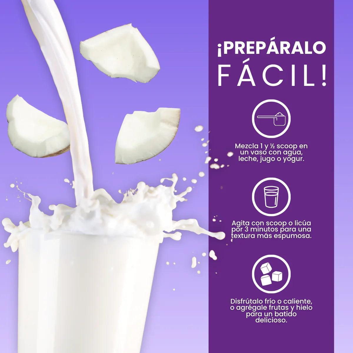 Leche de coco salpicando en vaso con trozos de coco, instrucciones Vitaliah Stevia.