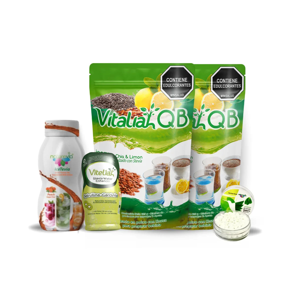 Kit QB Vitaliah 2.0 (2 Fibras Linaza Chía & Limón + Watervía Kiwi + IceTevia + Mentas Stevia Mints HB) + Gotero Stevia 10 mL