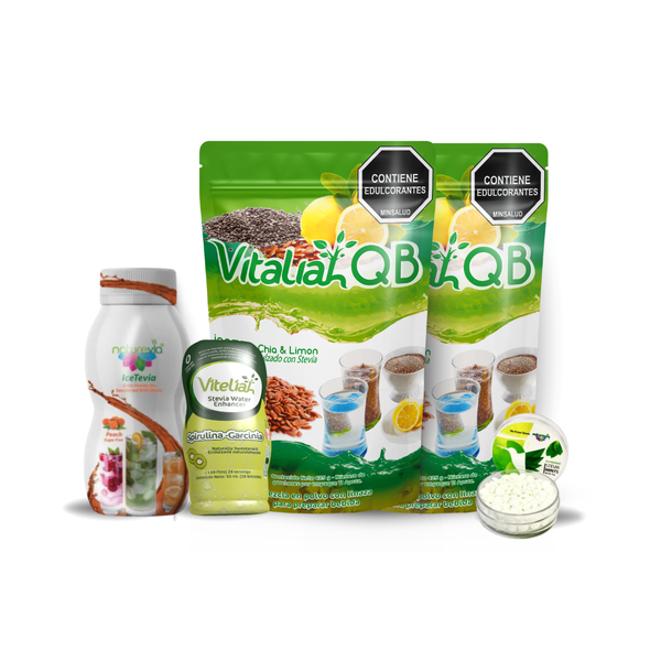 Kit QB Vitaliah 2.0 (2 Fibras Linaza Chía & Limón + Watervía Kiwi + IceTevia + Mentas Stevia Mints HB) + Gotero Stevia 10 mL