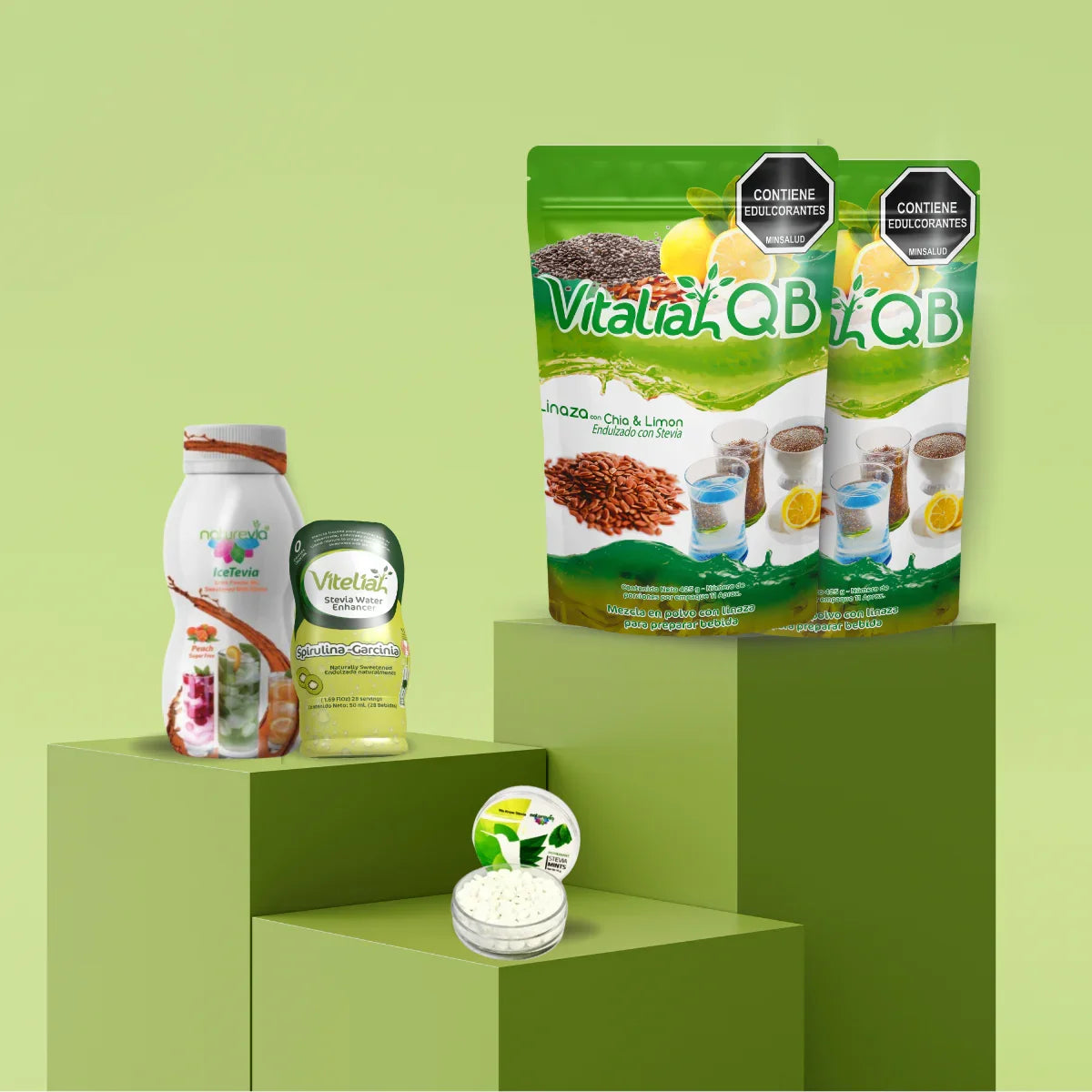 Kit QB Vitaliah 2.0 (2 Fibras Linaza Chía & Limón + Watervía Kiwi + IceTevia + Mentas Stevia Mints HB) + Gotero Stevia 10 mL