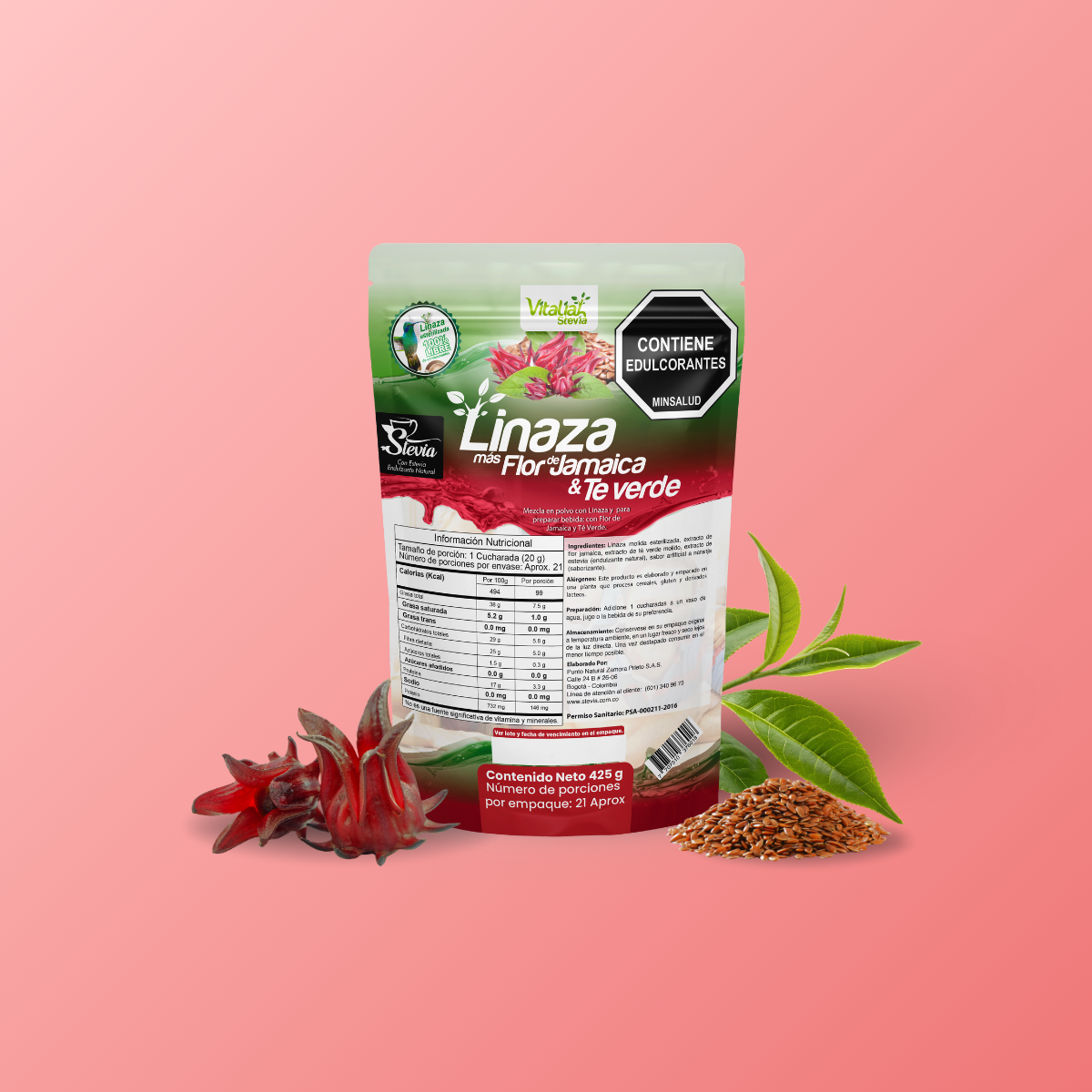 Fibra Linaza Flor Jamaica + Té Verde Doypack 425 g