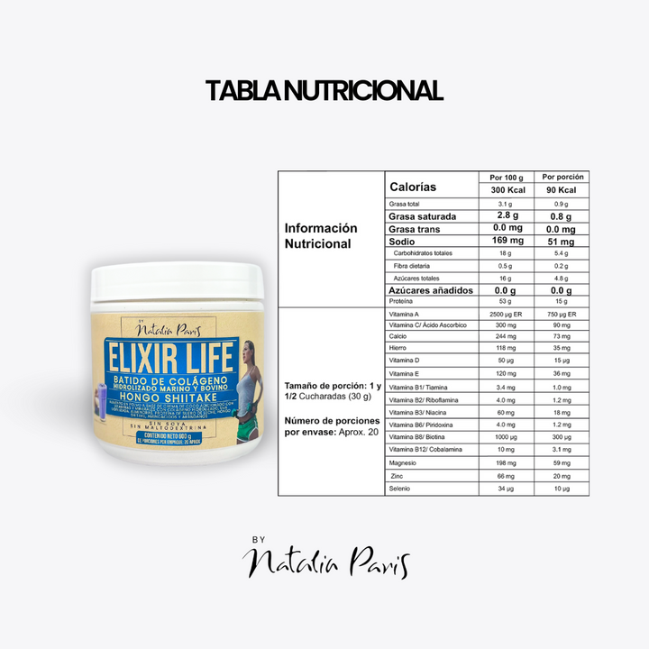Batido Elixir Life - Colágeno marino y bovino - x 600 g - By Natalia Paris - Vitaliah Stevia -Alimentos saludables