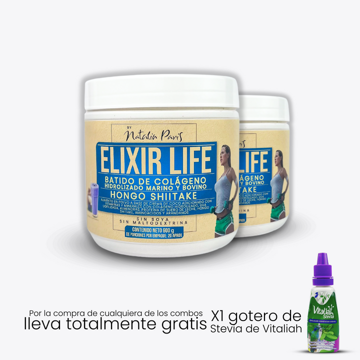 Batido Elixir Life - Colágeno marino y bovino - x 600 g - By Natalia Paris - Vitaliah Stevia -Alimentos saludables