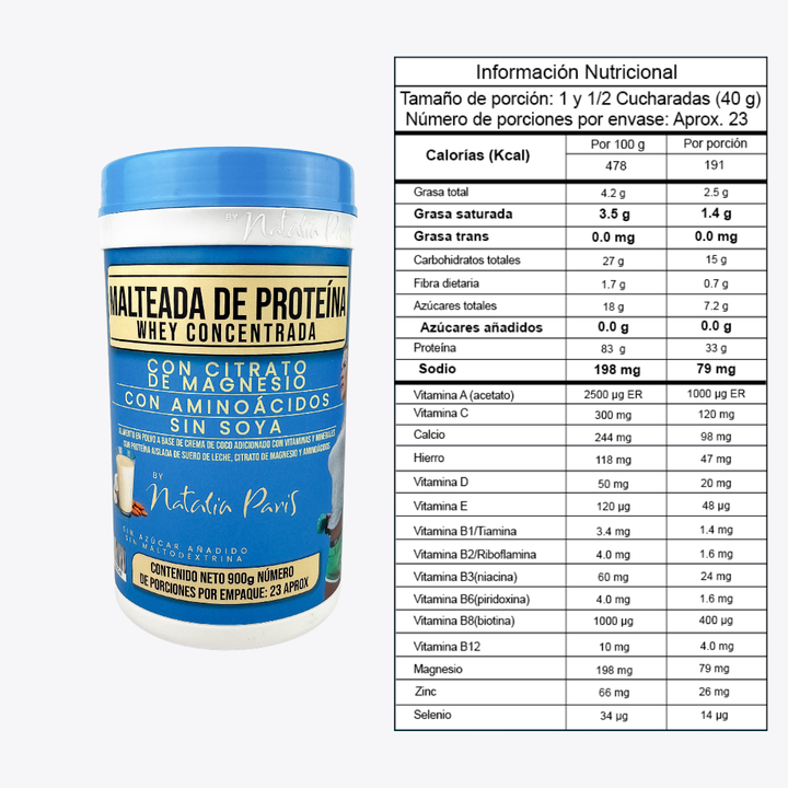 Batido Malteada de proteína whey concentrada x 900 g - By Natalia Paris - Vitaliah Stevia -Alimentos saludables