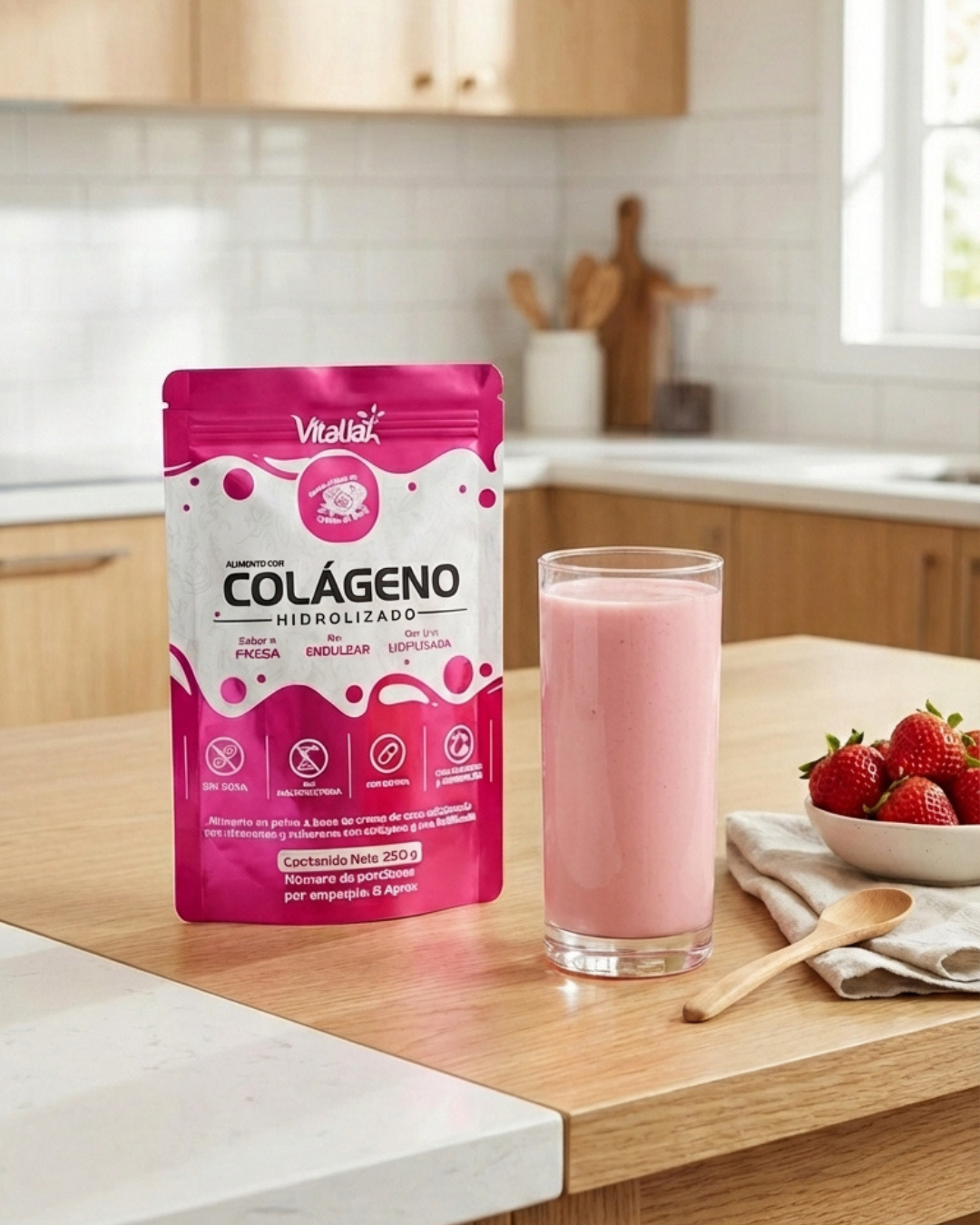 Preparación de colágeno hidrolizado sabor fresa para el desayuno