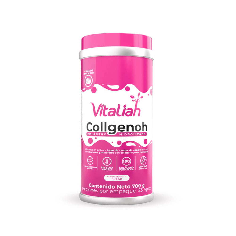 Envase Vitaliah Stevia colágeno hidrolizado sabor fresa, alimento saludable en polvo.