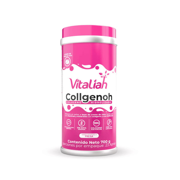 Envase Vitaliah Stevia colágeno hidrolizado sabor fresa, alimento saludable en polvo.