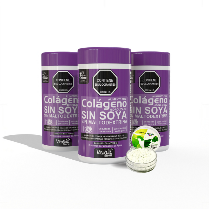 Batido Colágeno Vainilla 700 g x 3 uds. + Mentas Stevia Mints Hierbabuena 15 g - Vitaliah Stevia -Alimentos saludables