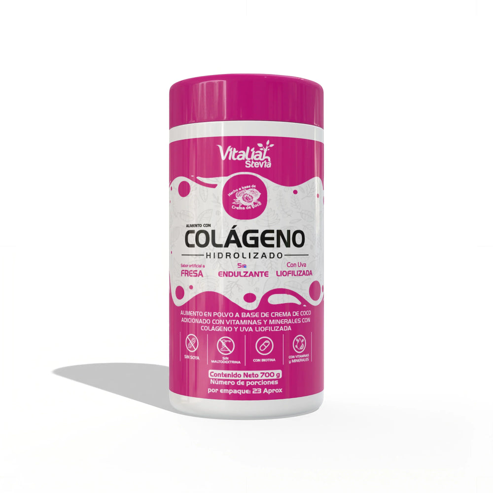 Envase Vitaliah Stevia colágeno hidrolizado sabor fresa, alimento saludable en polvo.