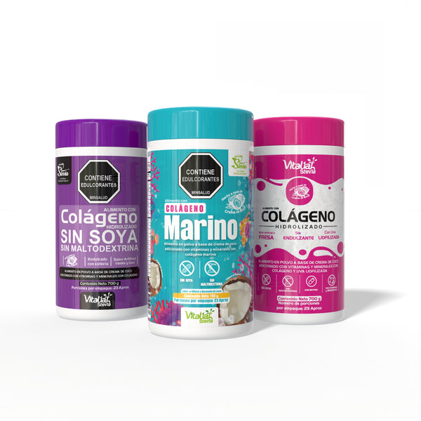 Promoción Batidos Colágenos X3 - Colágeno Marino, Vainilla, Fresa - 700 g - Vitaliah Stevia -Alimentos saludables