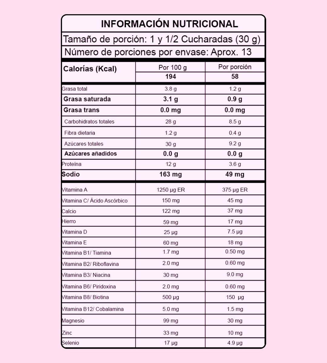 Tabla nutricional batido craten10  - 400 g