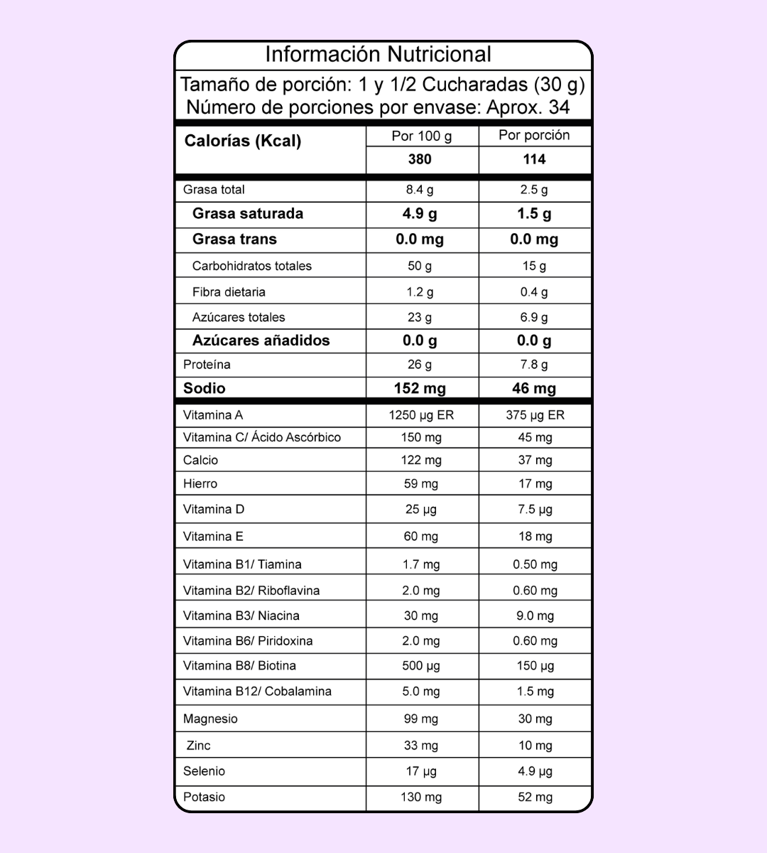 Tabla nutricional colágeno hidrolizado sabor vainilla - 700 g