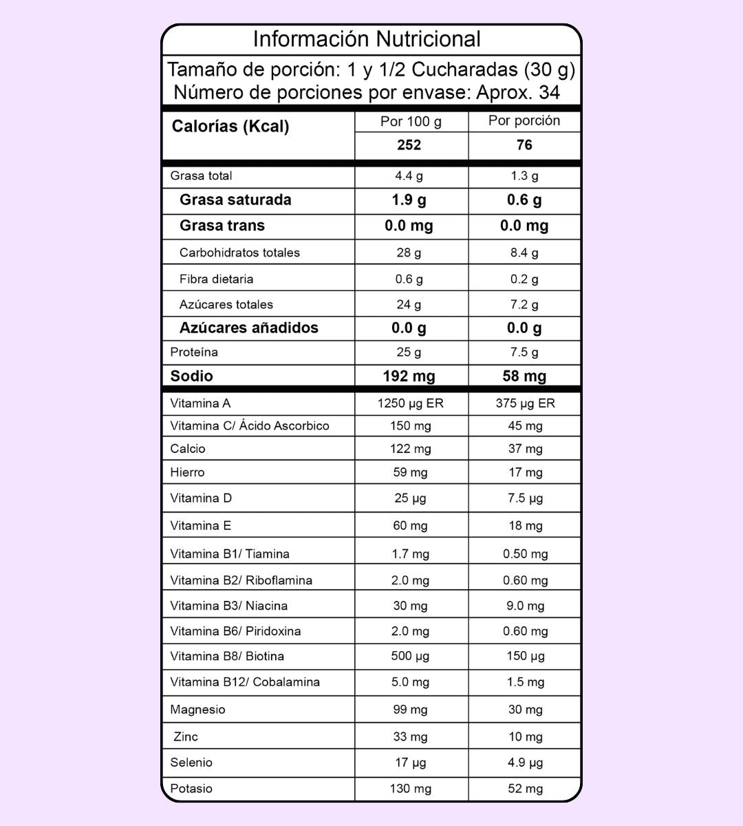 Tabla nutricional colágeno hidrolizado sabor vainilla - 700 g
