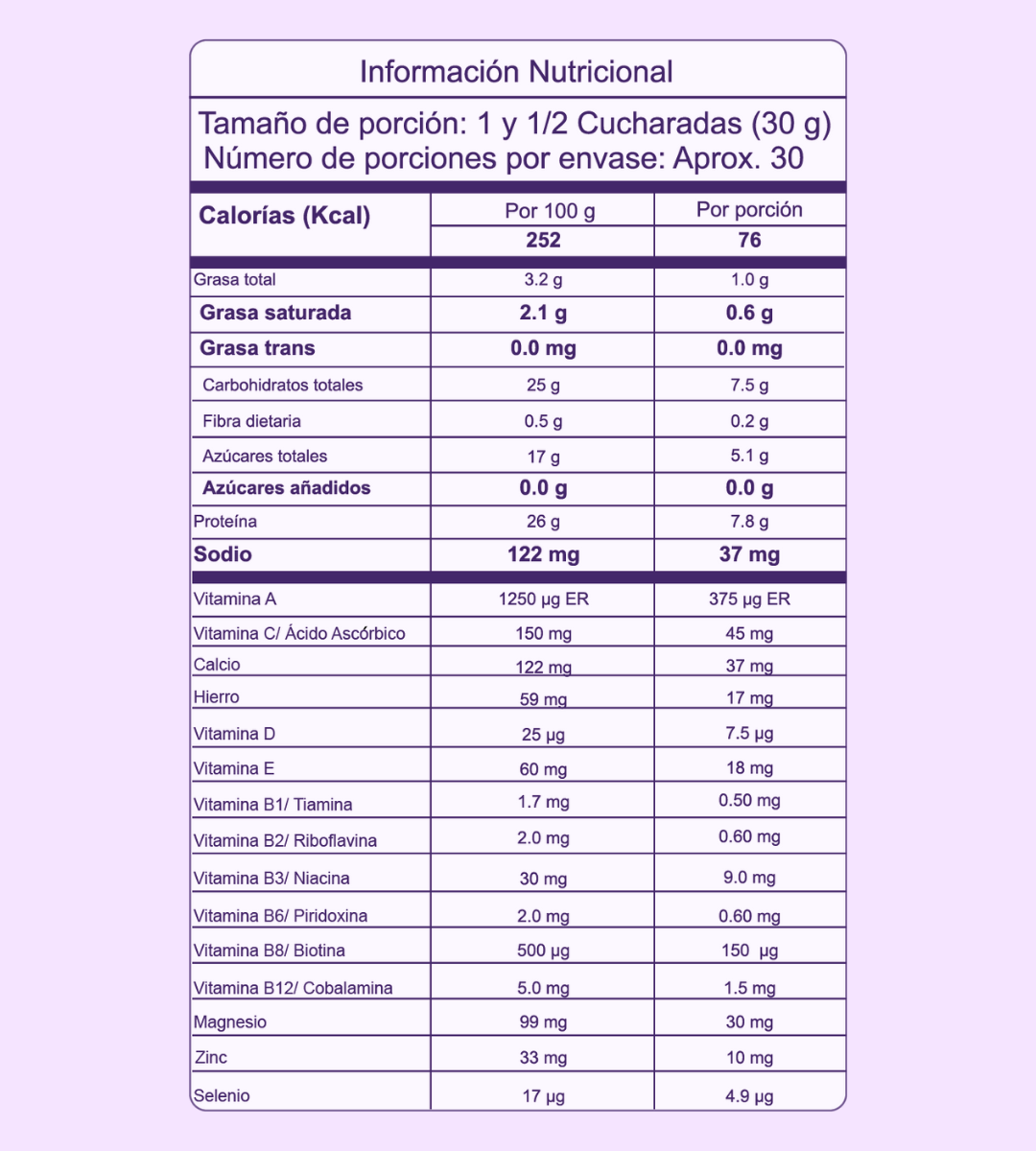 Tabla nutricional bebida resveratrol  - 500 g