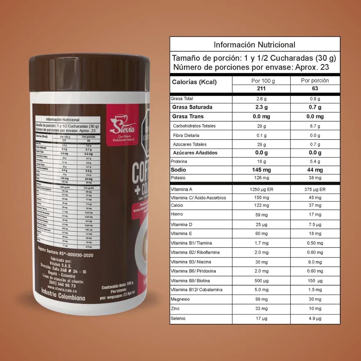 Batido Colágeno Hidrolizado con Café | Coffee+ - 700 g - Vitaliah Stevia -Alimentos saludables