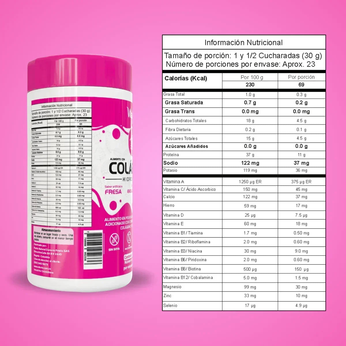 Envase de colágeno hidrolizado sabor fresa Vitaliah sobre fondo rosa, con tabla nutricional detallada, alimento saludable.