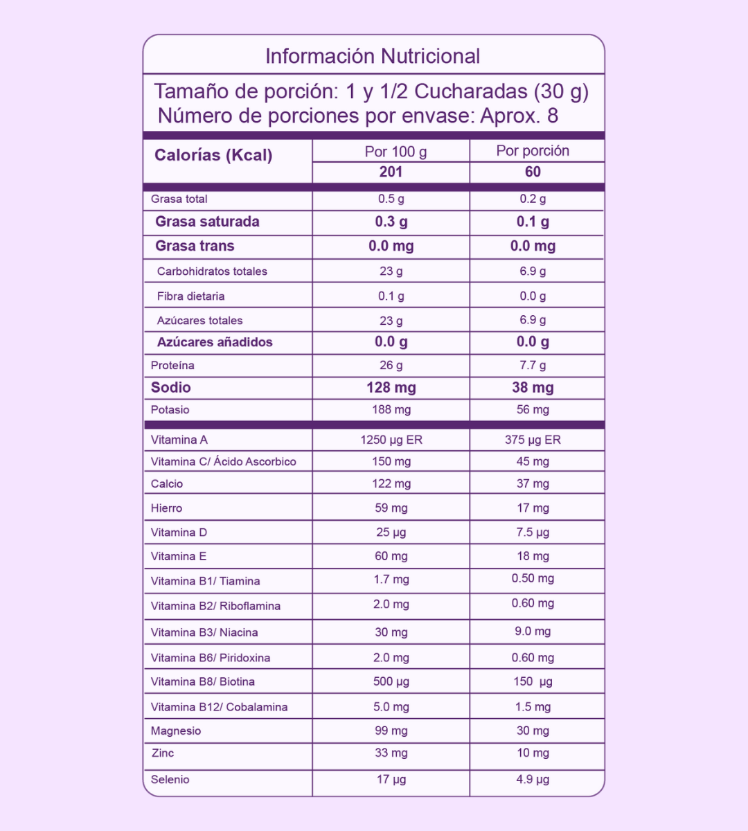 Tabla nutricional colágeno hidrolizado sabor vainilla - 700 g