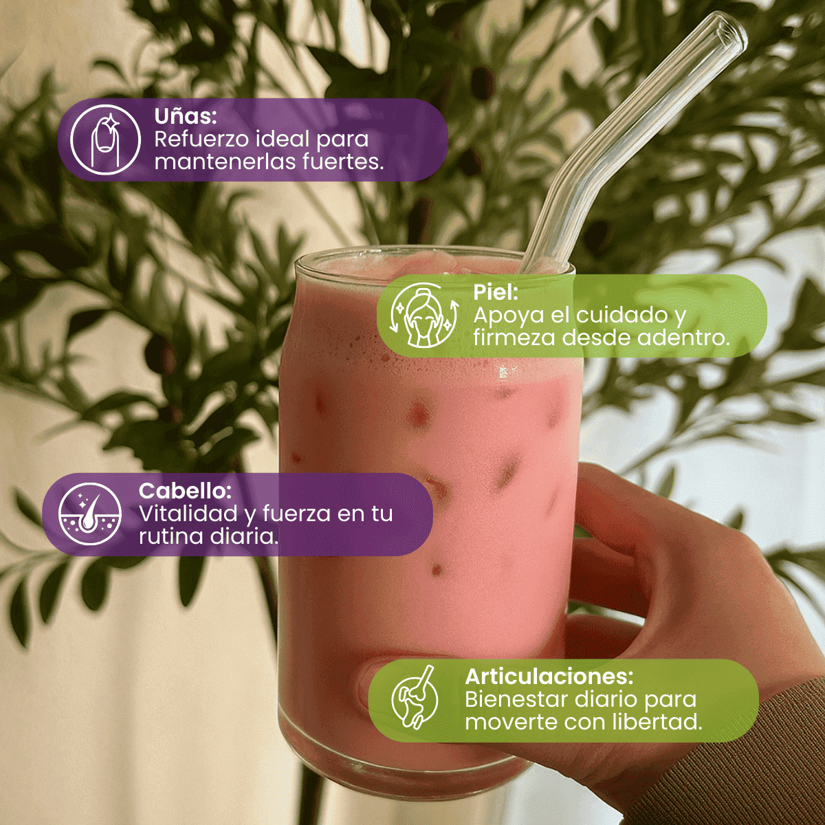 Bebida rosa de Vitaliah Stevia en vaso con pajilla, beneficios para uñas, piel, cabello y articulaciones.
