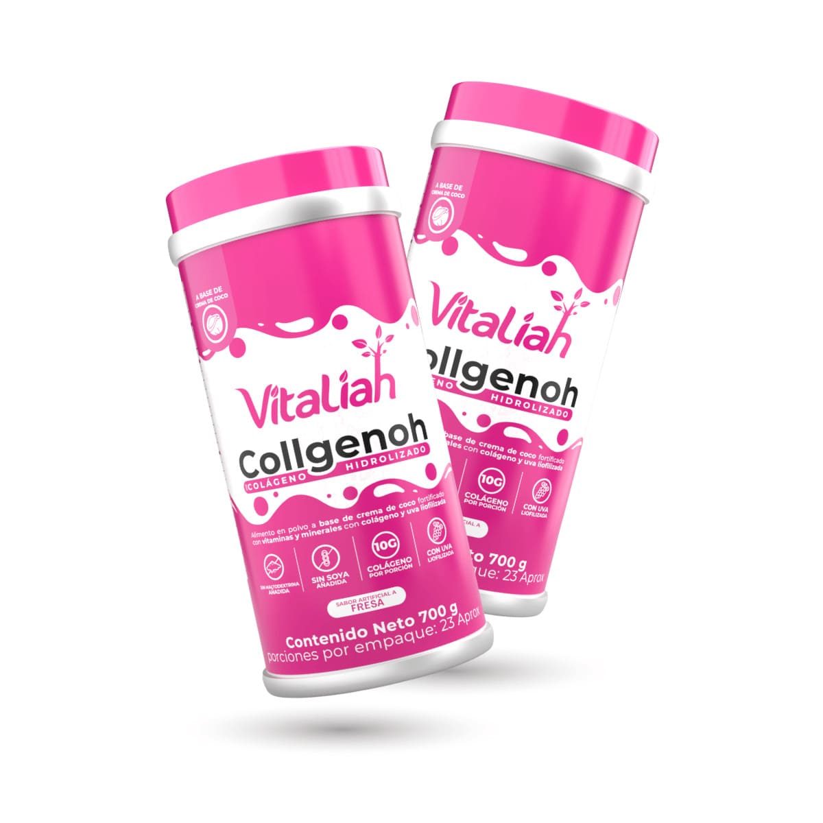 Envase de colágeno hidrolizado Vitaliah Stevia sabor fresa, alimento saludable con crema de coco.