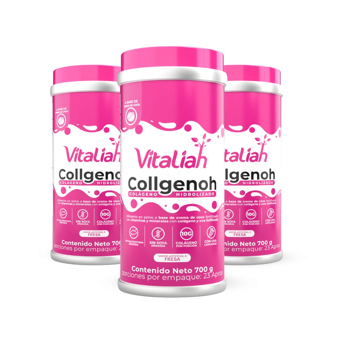 Envases de colágeno hidrolizado Vitaliah Stevia sabor fresa y uva, alimentos saludables