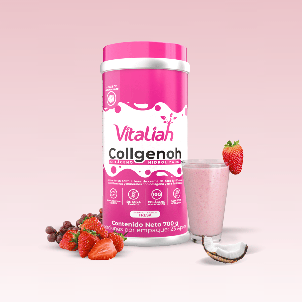 Colágeno hidrolizado Vitaliah Stevia sabor fresa, con fresas, uvas, coco y batido, alimentos saludables.
